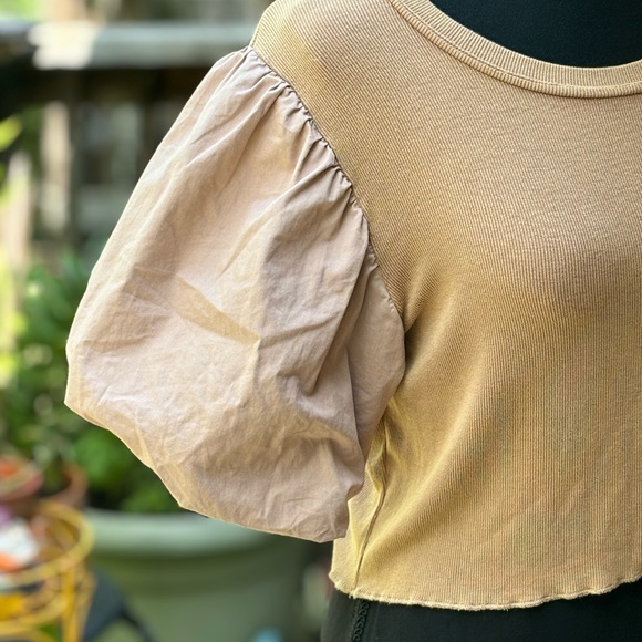 Pol Beige Puff Sleeve Mixed Media Crop Top - Picture 3 of 6
